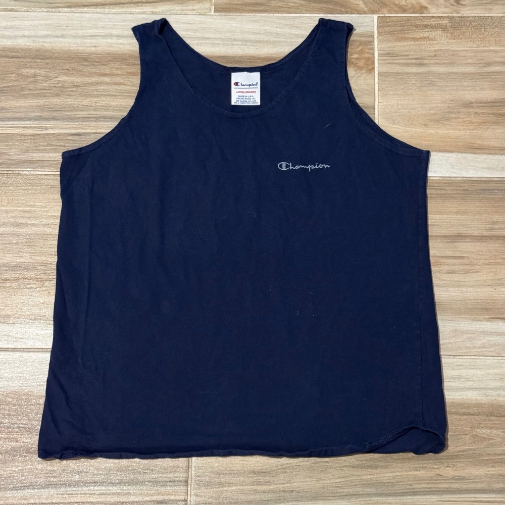 Vintage Champion Tank Top Navy Blue Cotton Made in USA Script Logo Mens Large
